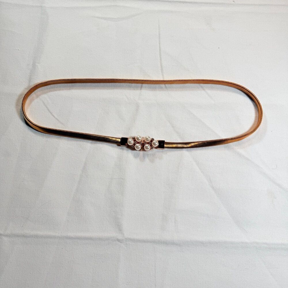 Vintage Gold Elastic Metal Stretch Belt Faux Pearl Rhinestone Buckle Cinch Belt